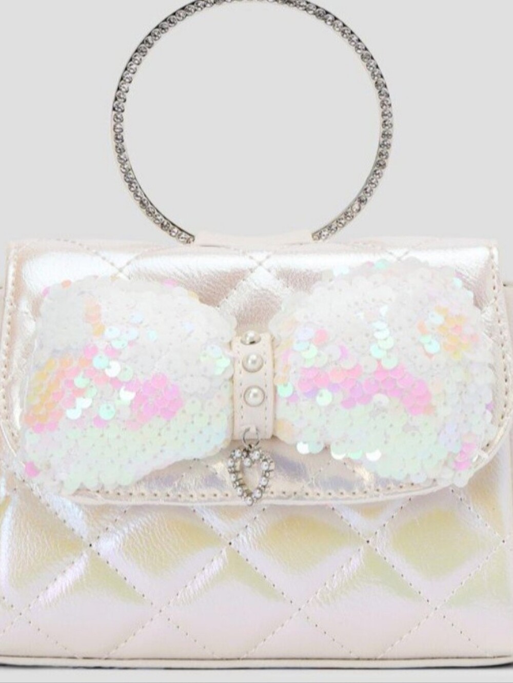 NWT OMG Accessories White Pearlescent Sequin Bow Bling Ring Handle Crossbod Bag - Picture 1 of 13